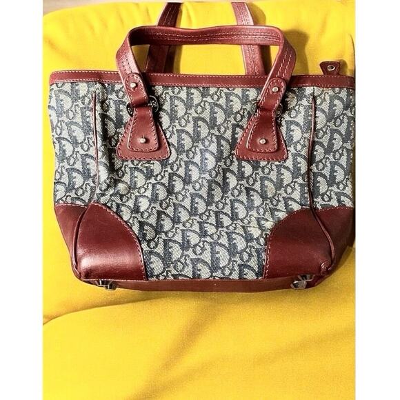 Dior Christian Dior Trotter Handbag Navy Wine Deep Red Leather Jacquard VGUC - Picture 3 of 12